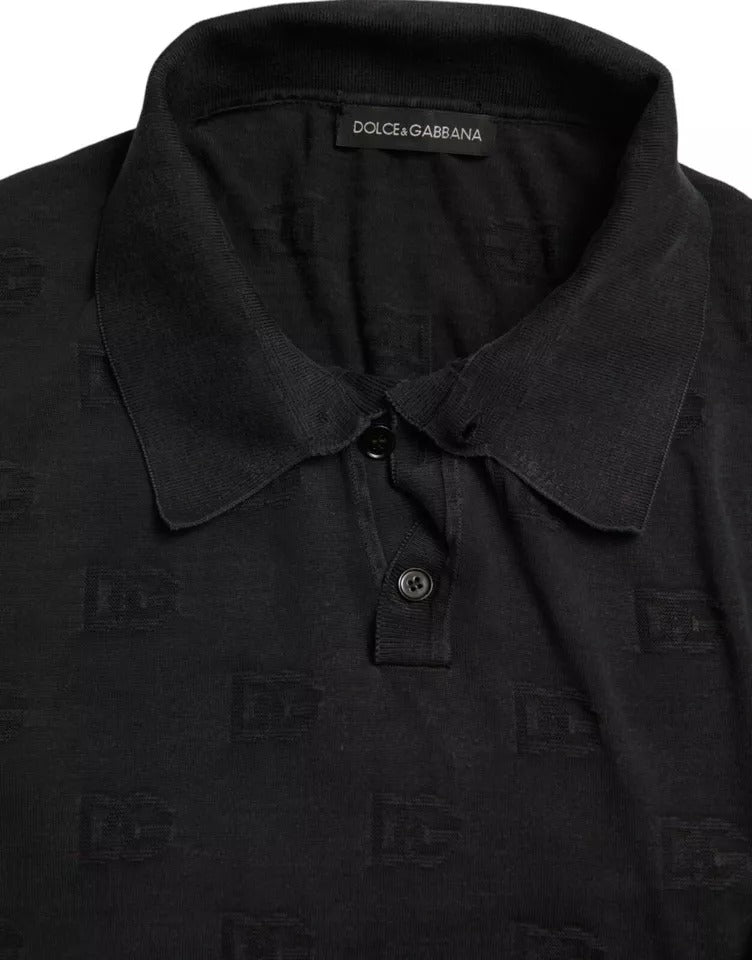 Dolce & Gabbana Black DG Logo Silk Jacquard Polo T-shirt