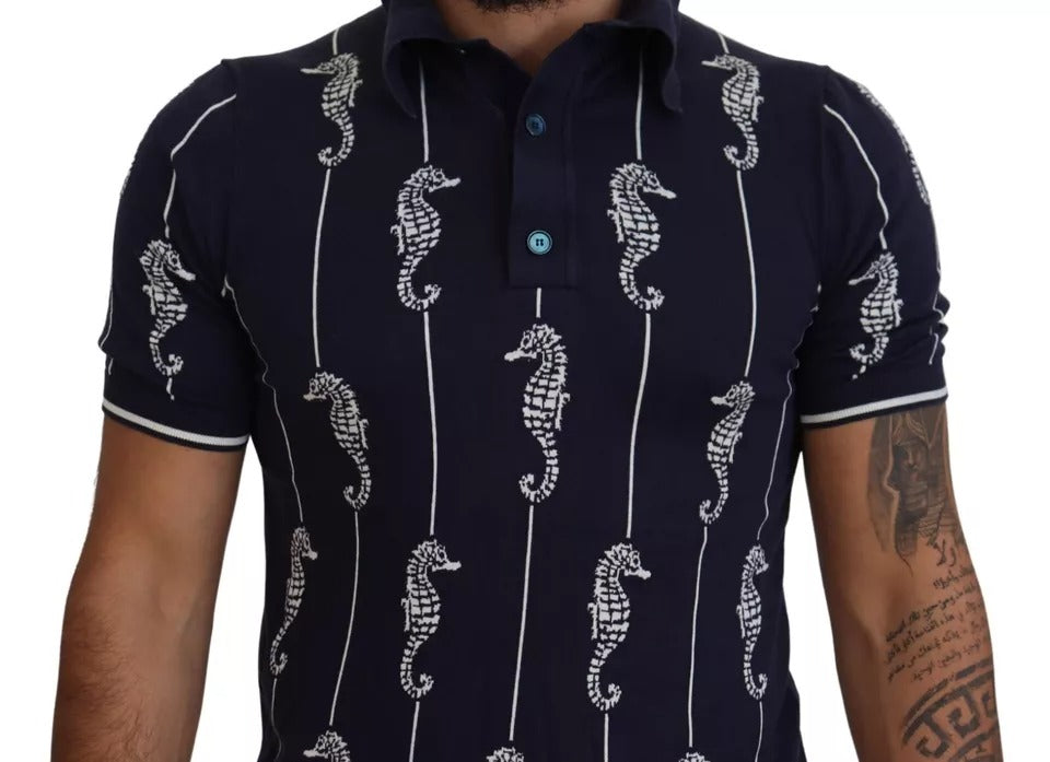 Dolce & Gabbana Dark Blue Sea Horse Collared Polo T-shirt