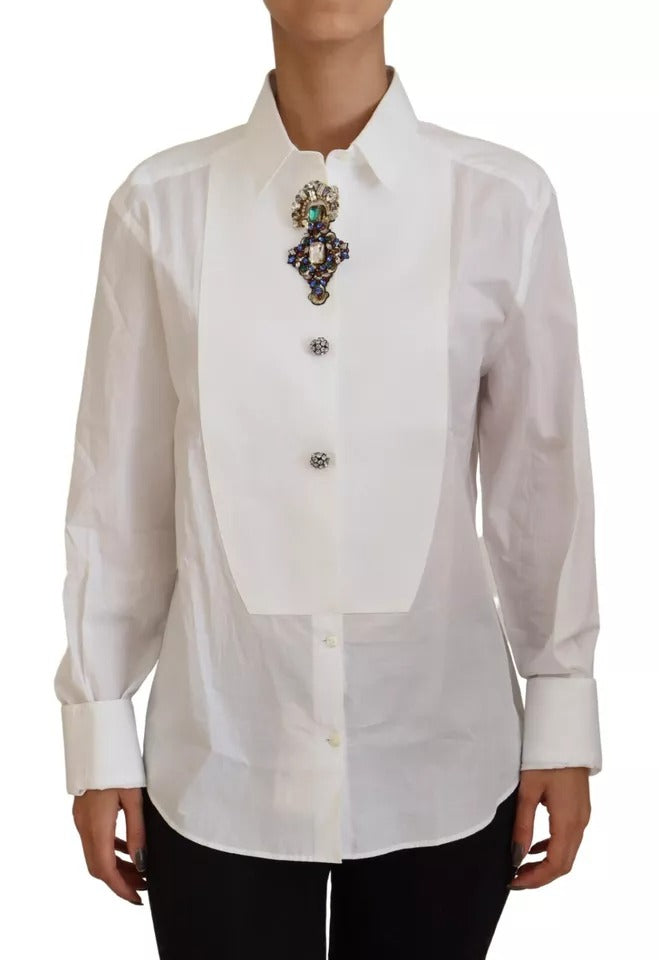 Dolce & Gabbana White Cotton Crystals Shirt Embellished Top