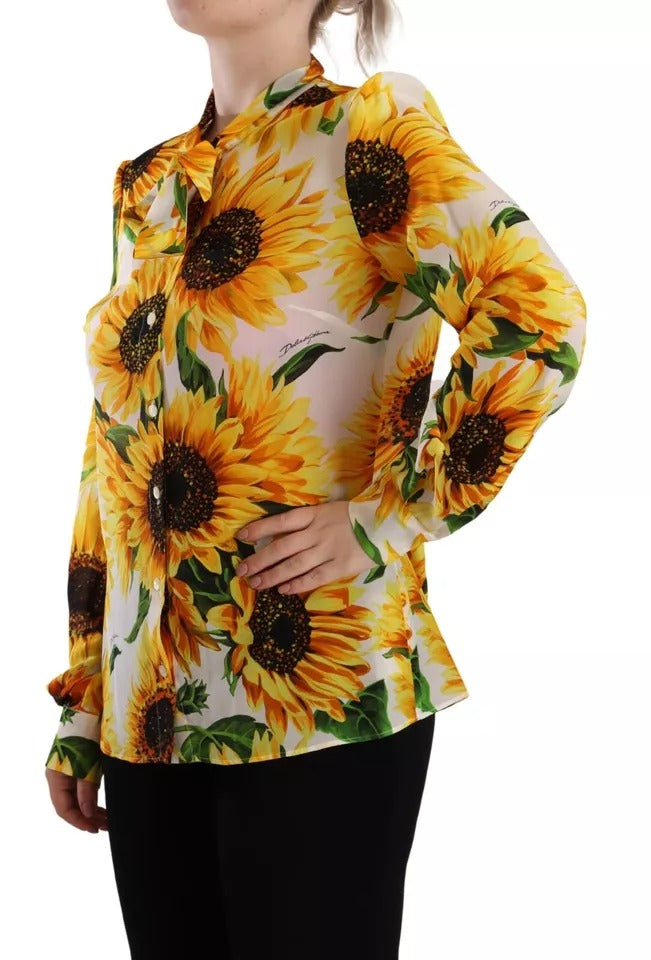 Dolce & Gabbana White Sunflower Silk Ascot Collar Blouse Top