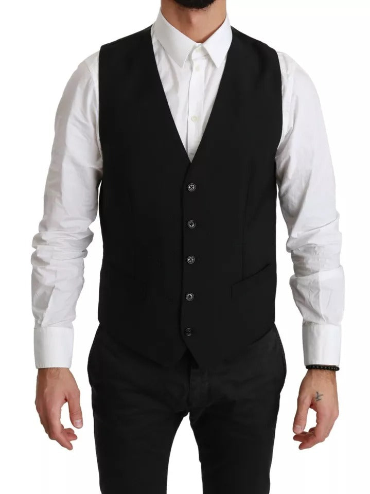 Dolce & Gabbana Black Stretch Waistcoat Formal Dress Wool Vest