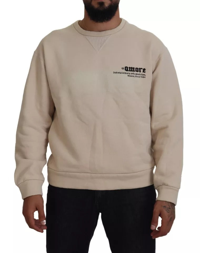 Dolce & Gabbana Beige Amore Cotton Crew Neck Pullover Sweater