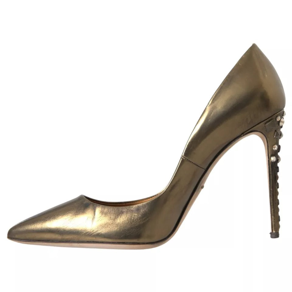 Dolce & Gabbana Bronze Leather Embellished Heels Pumps Shoes