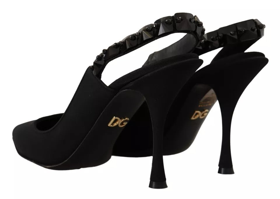 Dolce & Gabbana Black Embellished Heels Slingback Charmeuse Shoes