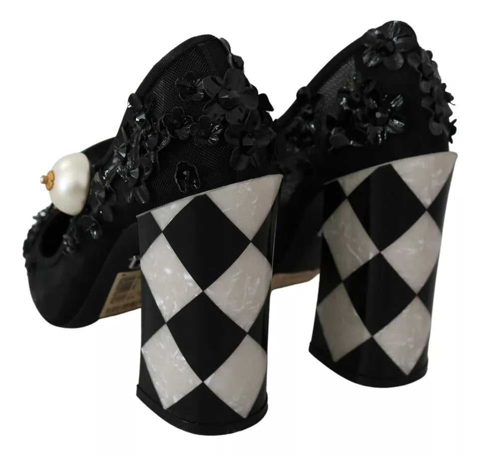 Dolce & Gabbana Black Floral Embellish Heels Mary Janes Pumps Shoes