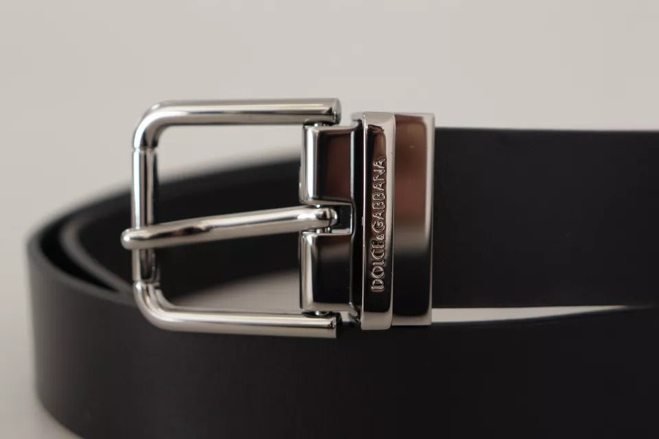 Dolce & Gabbana Black Calf Leather Logo Engraved Metal Buckle Belt