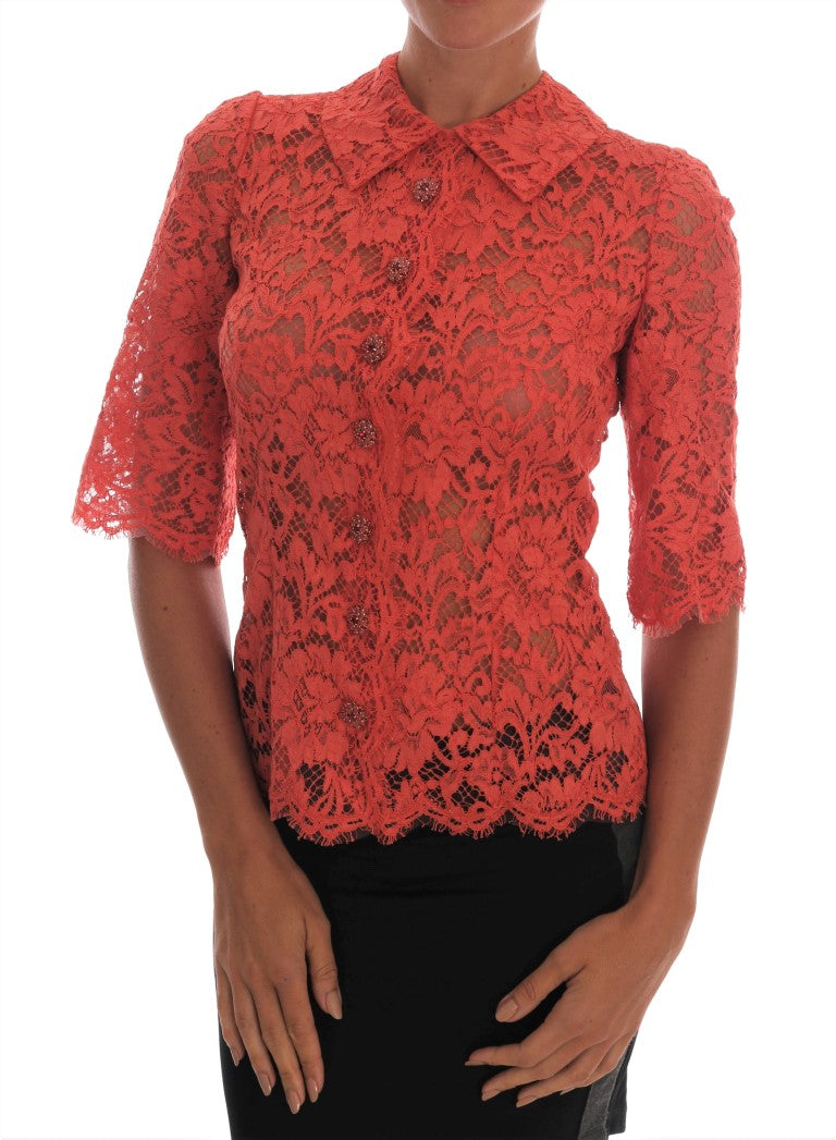 Dolce &amp; Gabbana Blouse en dentelle florale avec boutons en cristal orange