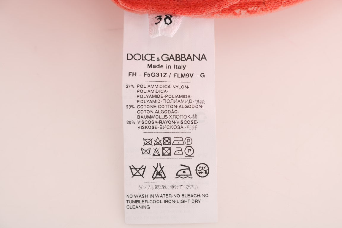 Dolce &amp; Gabbana Bluse aus orangefarbener Spitze mit Kristallknöpfen und Blumenmuster