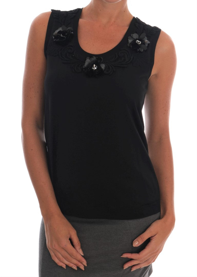 Dolce &amp; Gabbana Schwarzes Tanktop aus Baumwolle mit Blumenmuster und Kristallen