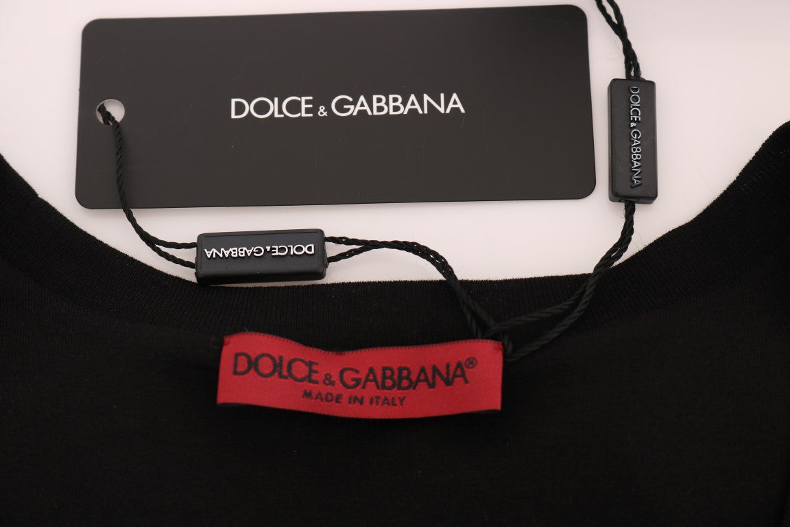 Dolce &amp; Gabbana Schwarzes Tanktop aus Baumwolle mit Blumenmuster und Kristallen