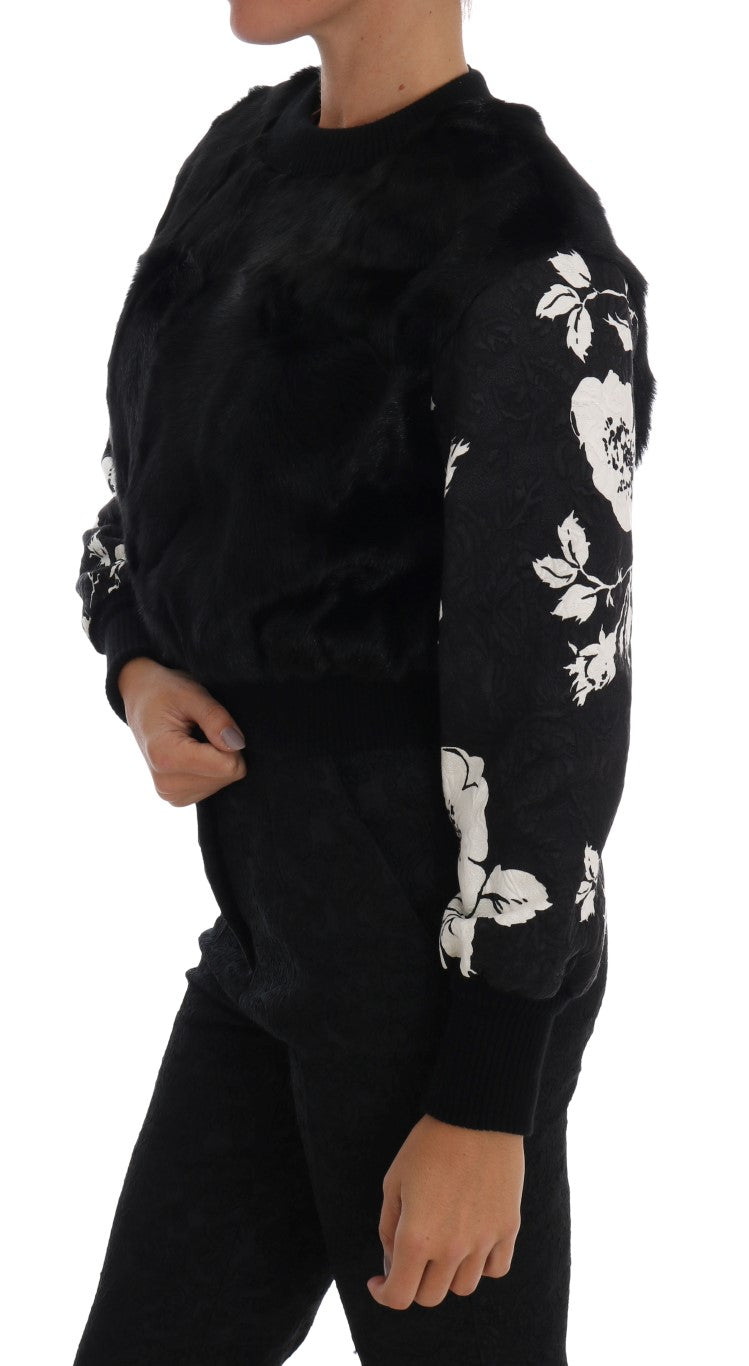 Dolce &amp; Gabbana Pull zippé en brocart floral en fourrure noire