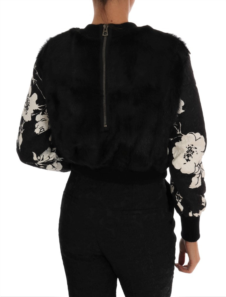 Dolce &amp; Gabbana Pull zippé en brocart floral en fourrure noire