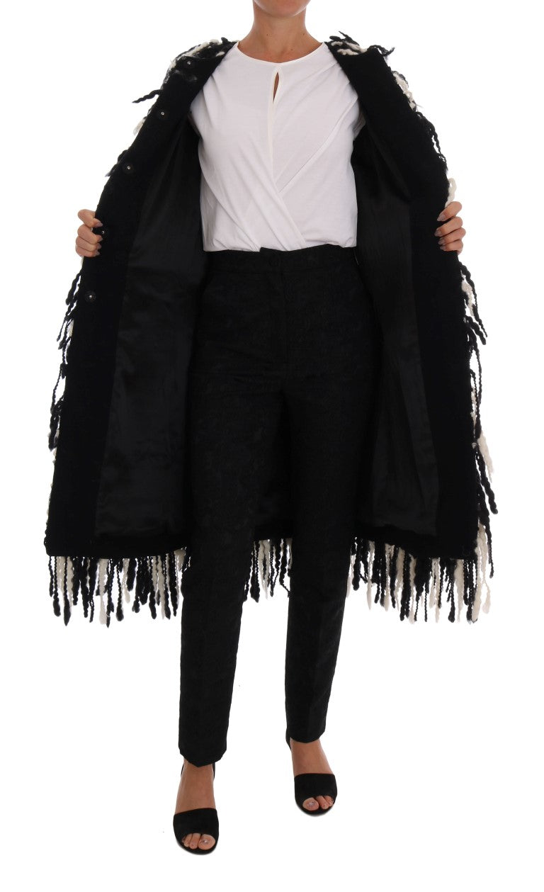 Dolce &amp; Gabbana Manteau à Franges Blanc Noir Manteau en Laine