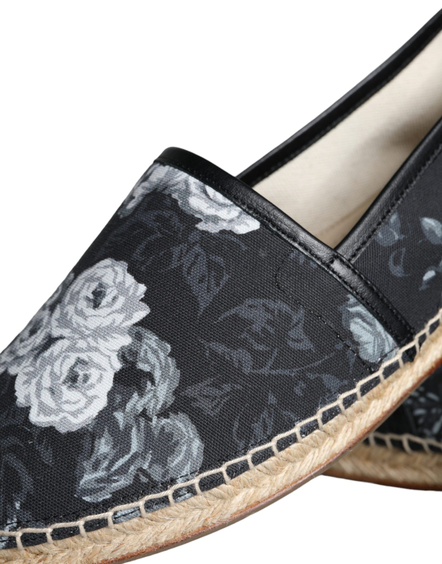 Dolce & Gabbana Black Floral Cotton Leather Espadrilles Shoes