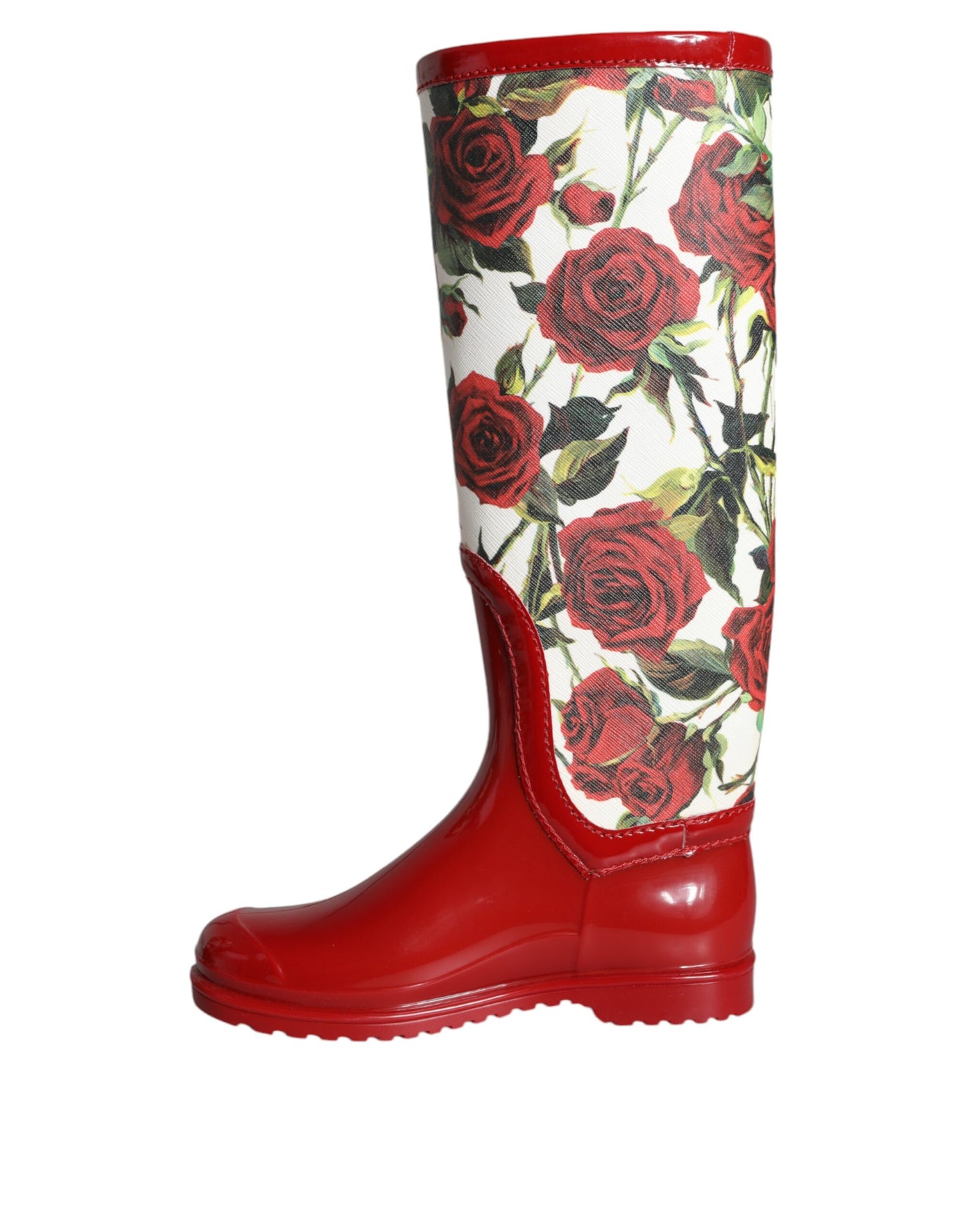 Dolce & Gabbana Red Floral Rubber Knee High Flat Boots Shoes