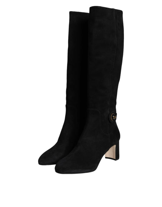 Dolce & Gabbana Black Suede Leather Logo Knee High Boots Shoes