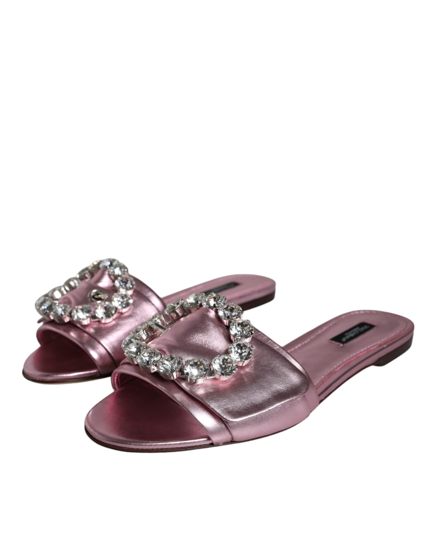 Dolce & Gabbana Metallic Pink Crystal Leather Flats Sandals Shoes