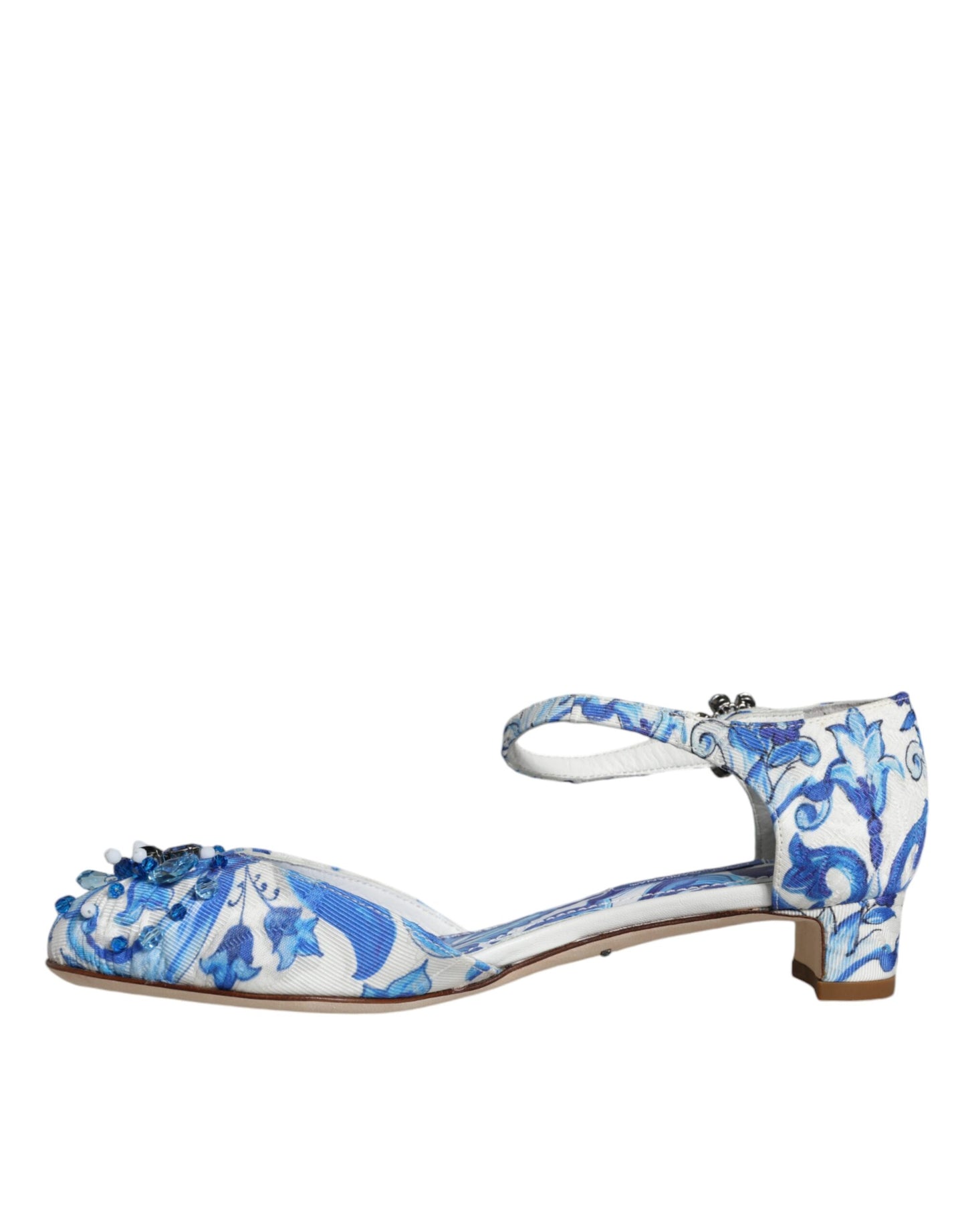 Dolce & Gabbana White Blue Majolica Print Ankle Strap Sandals Shoes