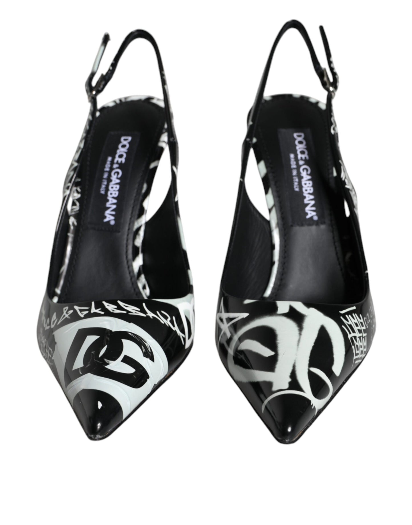 Dolce & Gabbana Black Graffiti Leather Slingback Heels Pumps Shoes