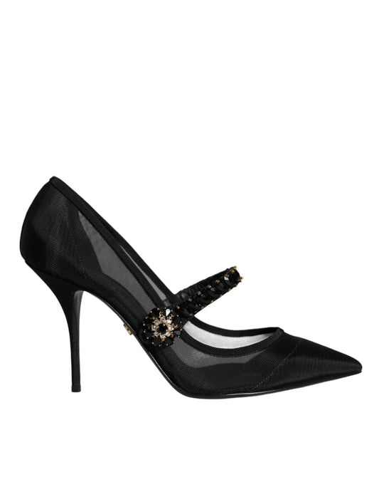 Dolce & Gabbana Black Mesh Mary Jane Crystal Heel Pumps Shoes