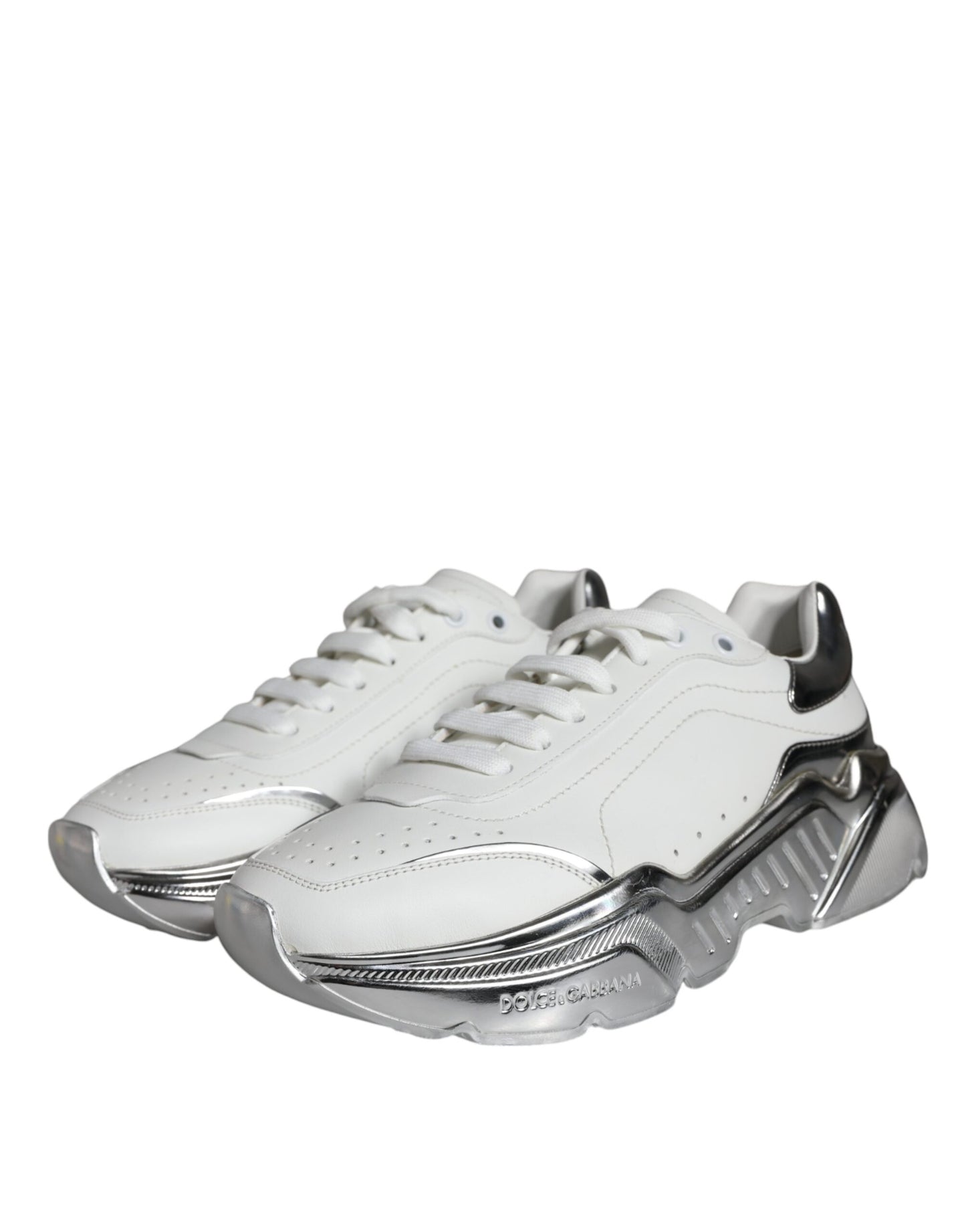 Dolce & Gabbana White Silver Daymaster Leather Sneakers Shoes