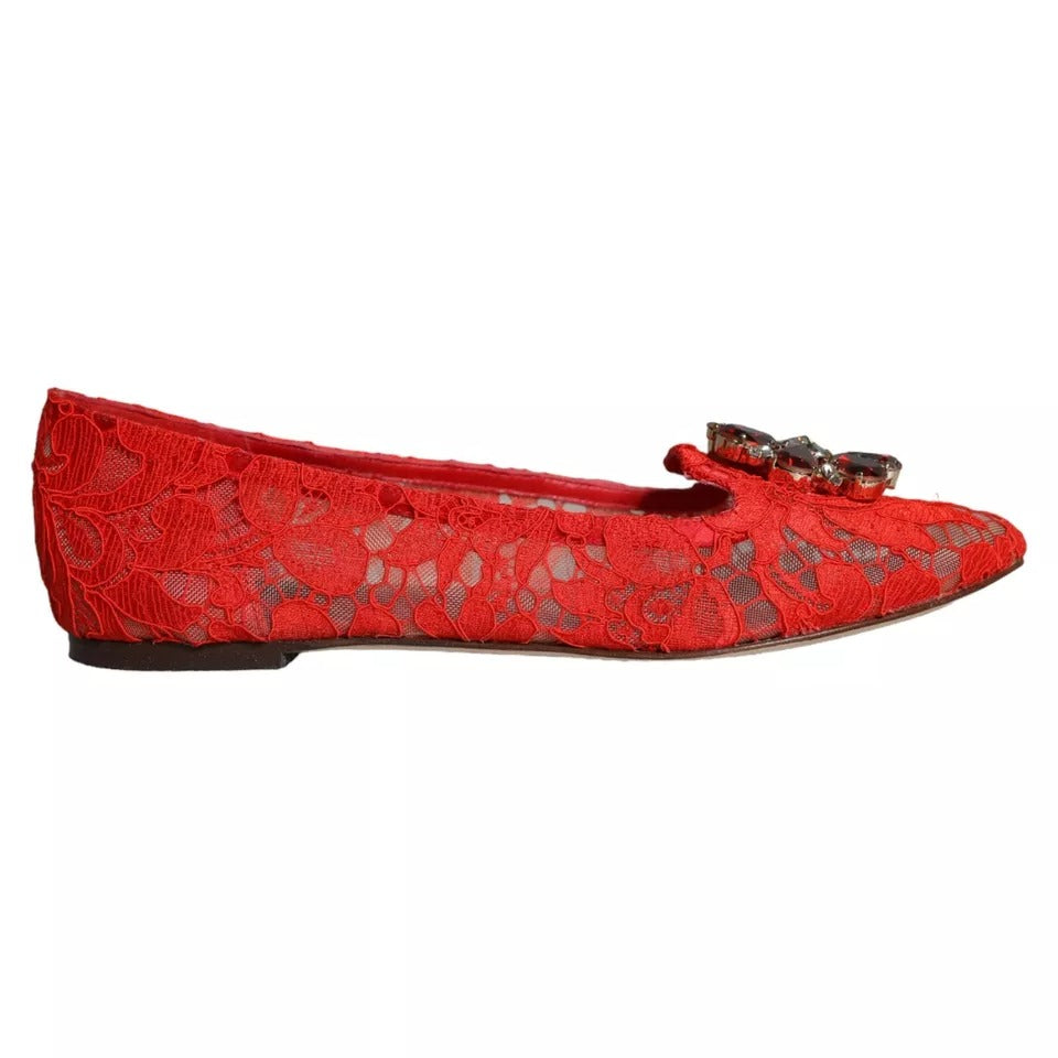 Dolce & Gabbana Red Lace Crystal Ballet Flats Loafers Shoes