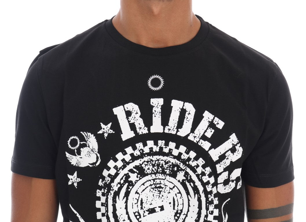 Frankie Morello Schwarzes Baumwoll-RIDERS-T-Shirt mit Rundhalsausschnitt