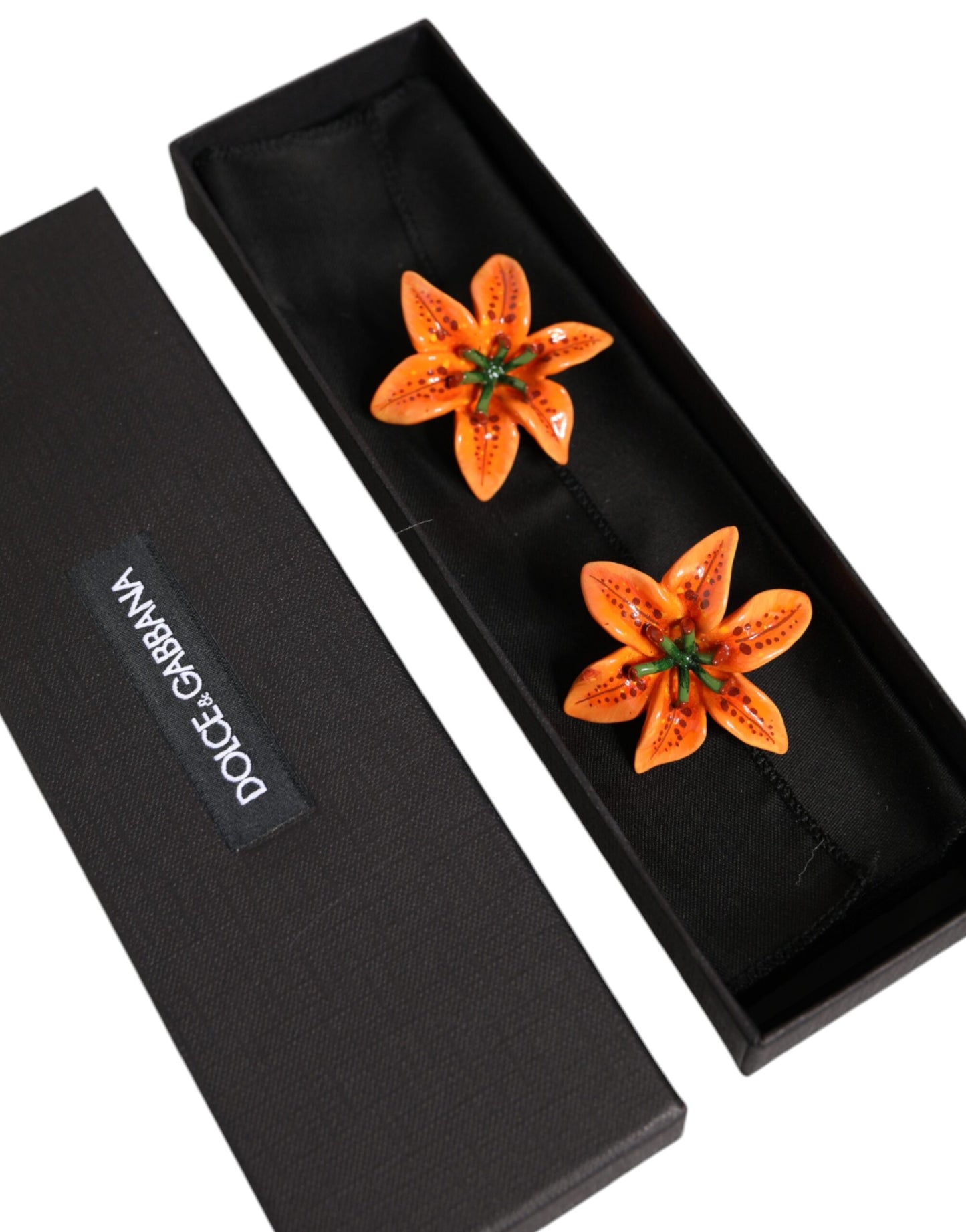 Dolce & Gabbana Orange Green Gold Brass Lily Flower Clip Floral Earrings