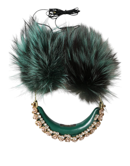 Dolce & Gabbana Green Gold Crystal Fur Headset Audio AUX Headphones