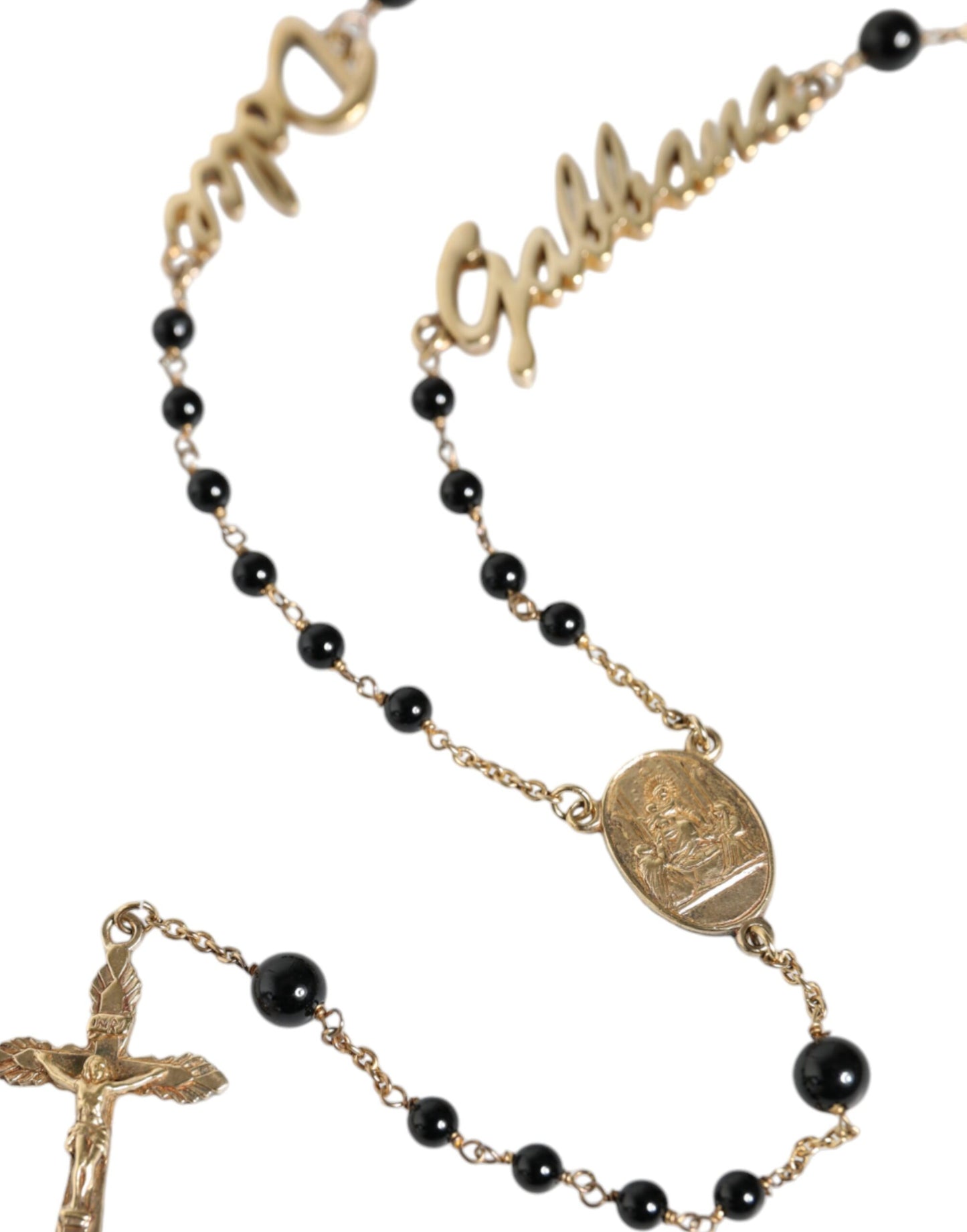 Dolce & Gabbana Gold Sterling Silver Black Beaded Rosary Chain Necklace