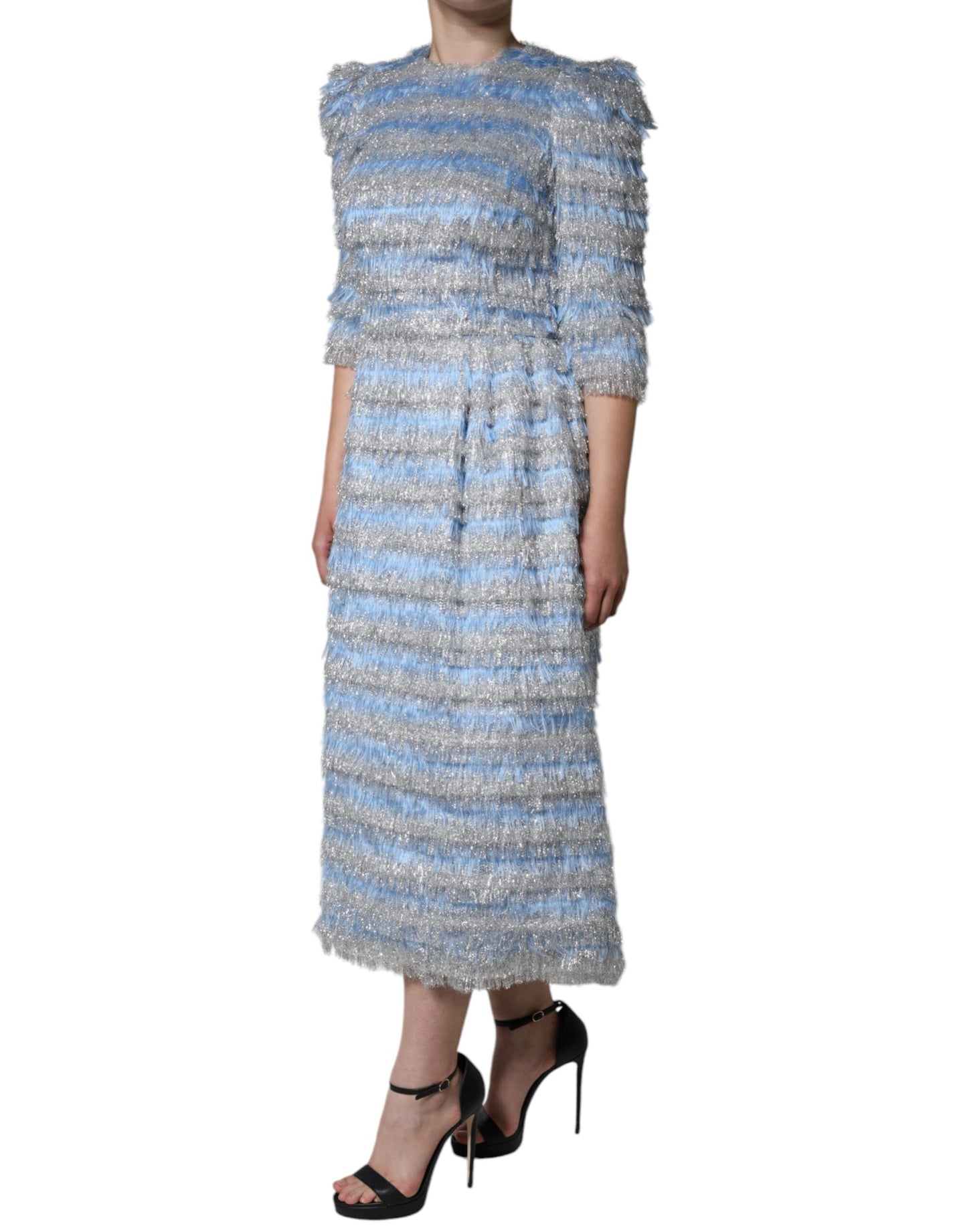 Dolce & Gabbana Light Blue Silver Jacquard A-line Midi Dress