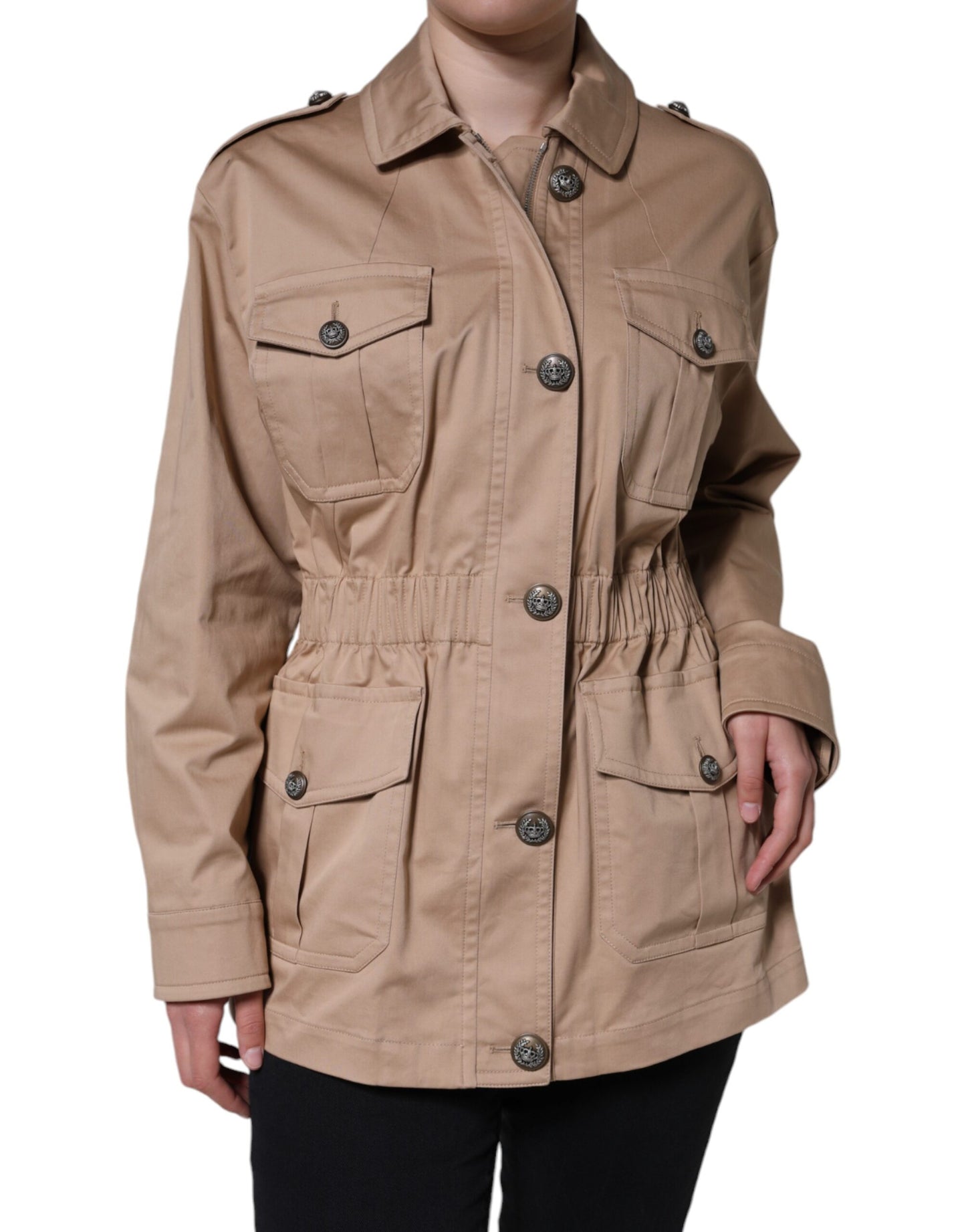 Dolce & Gabbana Beige Cotton Long Sleeve Collared Coat Jacket