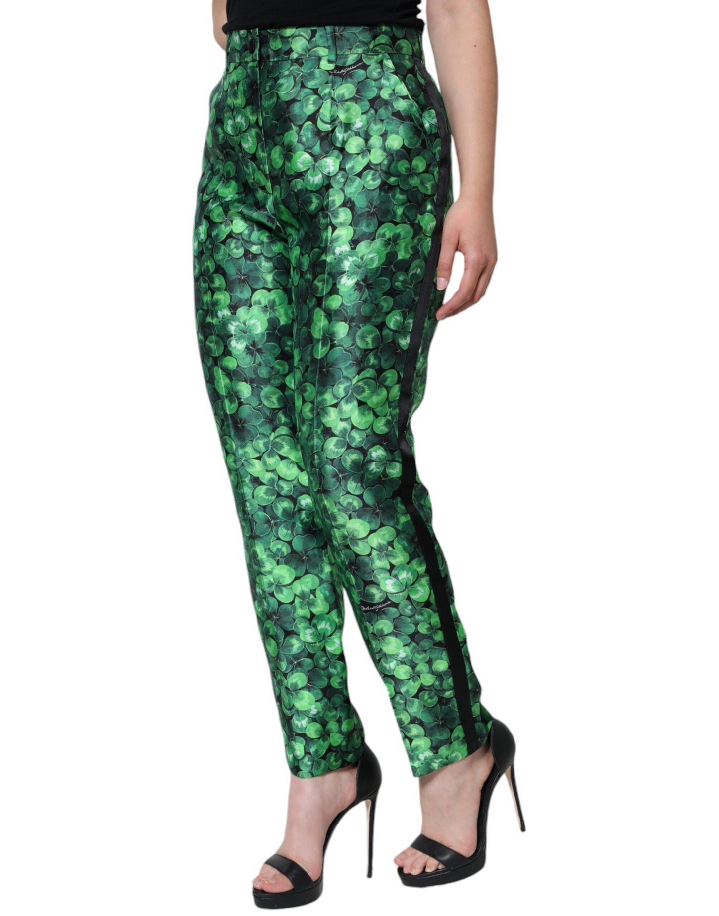 Dolce & Gabbana Green Clover Silk Satin High Waist Tapered Pants