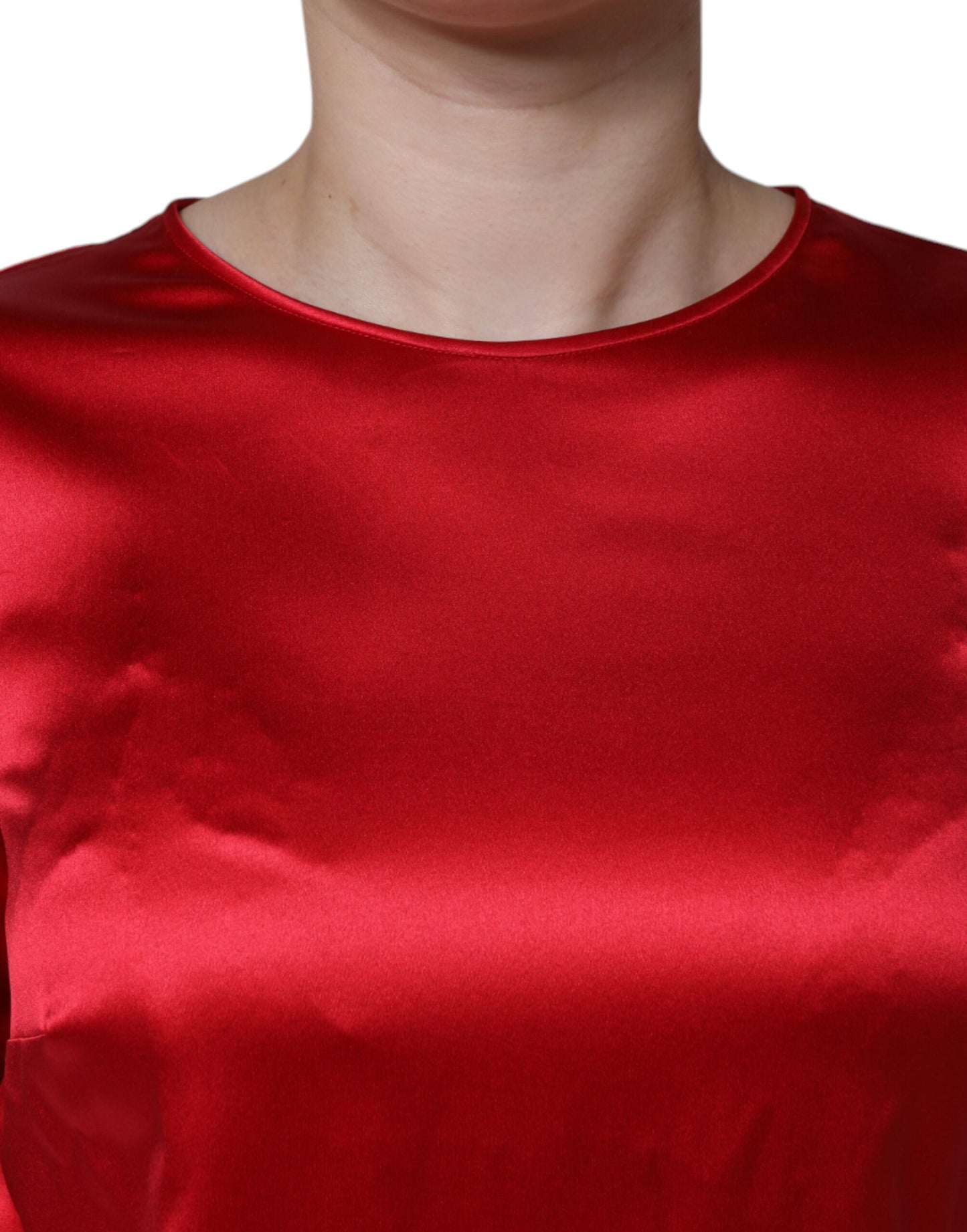 Dolce & Gabbana Red Satin Lace Trim Round Neck Blouse Top