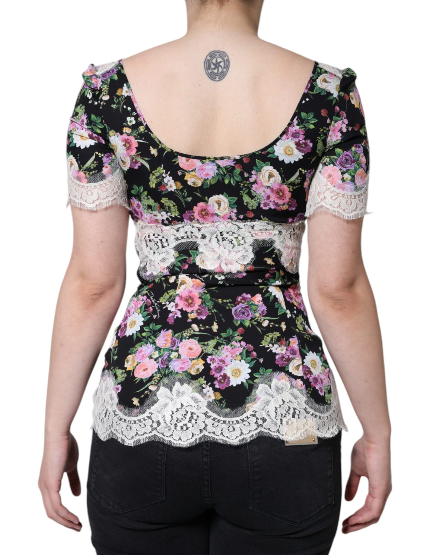 Dolce & Gabbana Black Floral Lace Short Sleeves Blouse Top