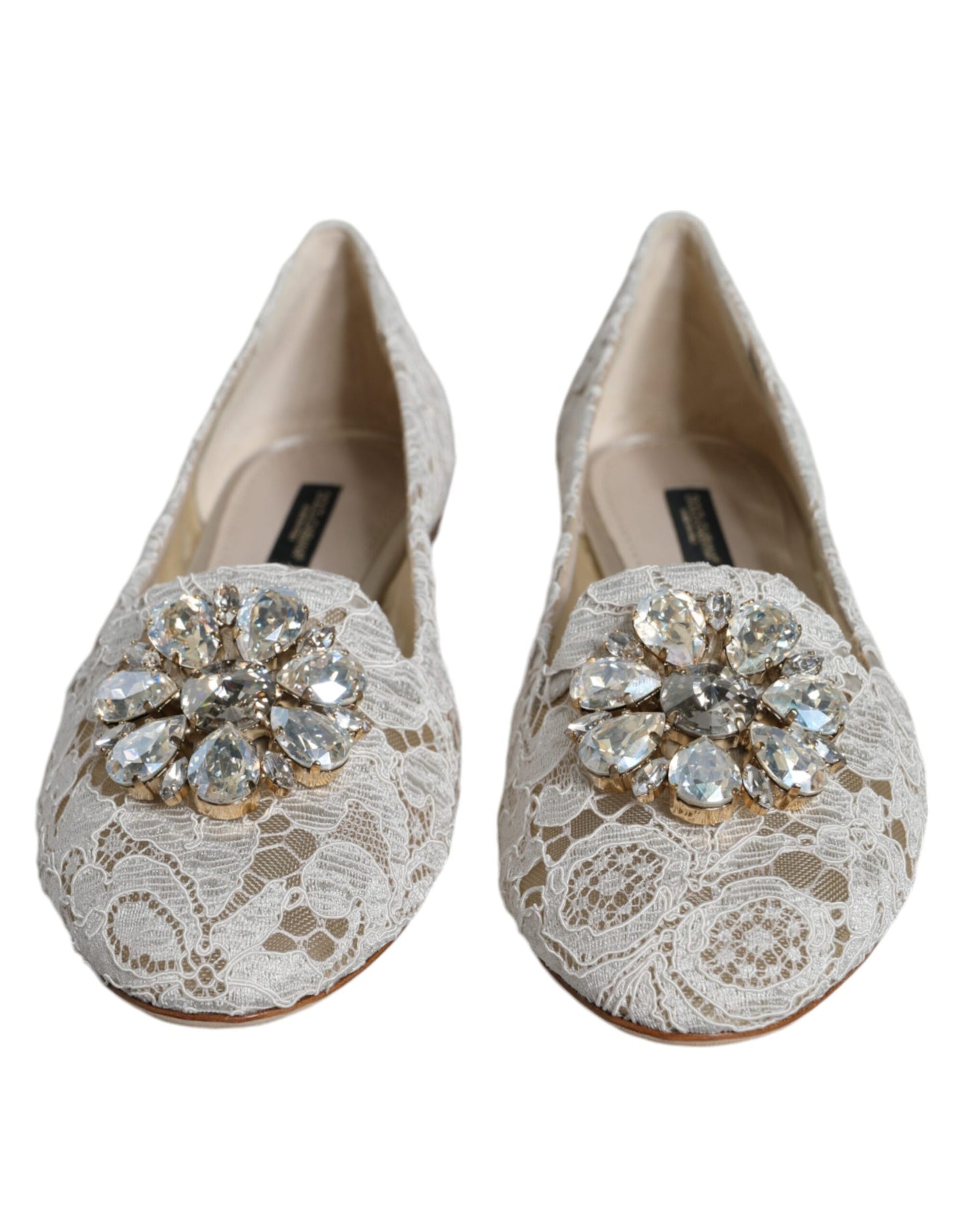 Dolce & Gabbana White Lace Crystal Ballet Flats Loafers Shoes