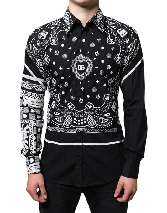 Dolce & Gabbana Black White Bandana Print Slim Cotton Shirt