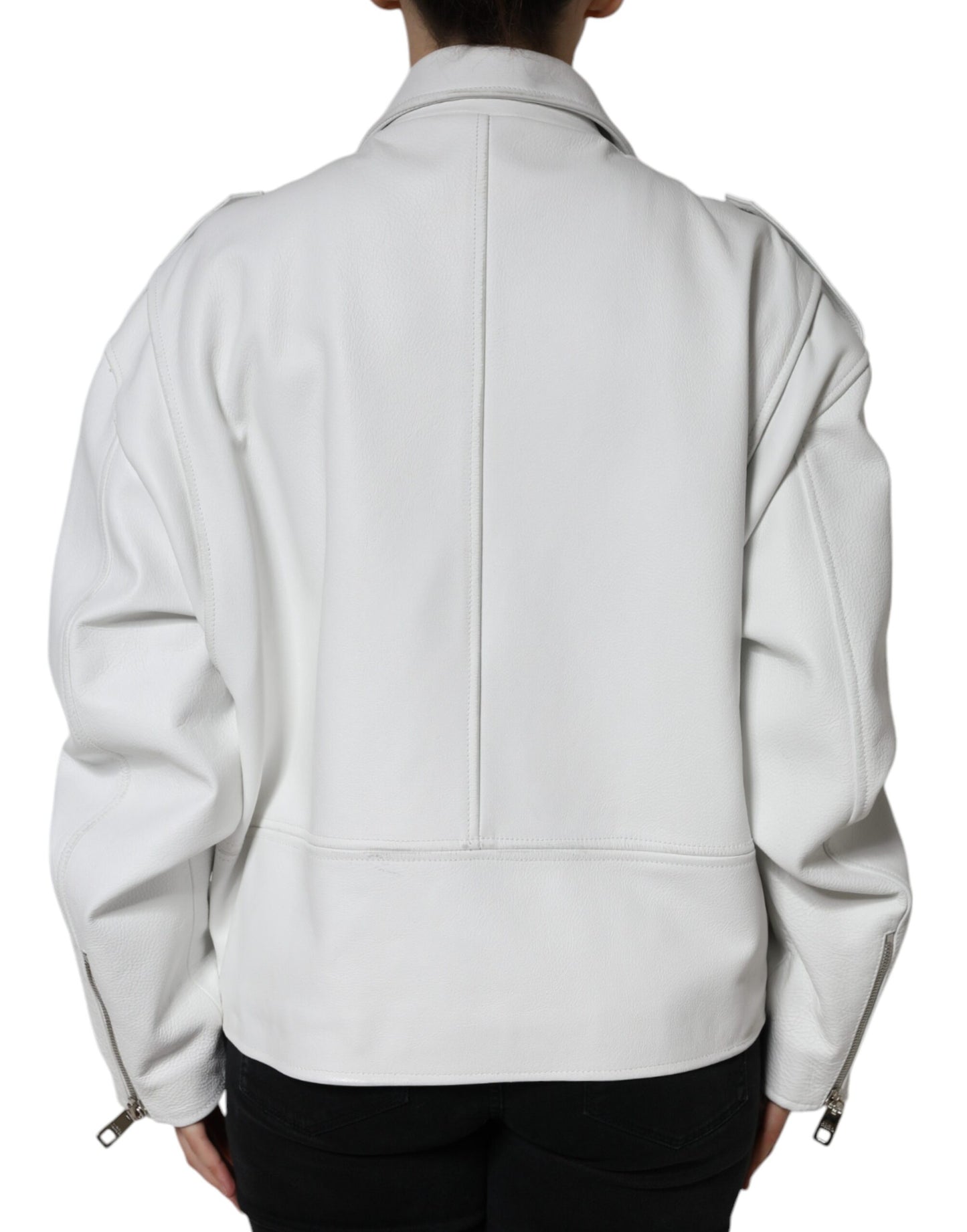 Dolce & Gabbana White Lambskin Leather Biker Coat Jacket