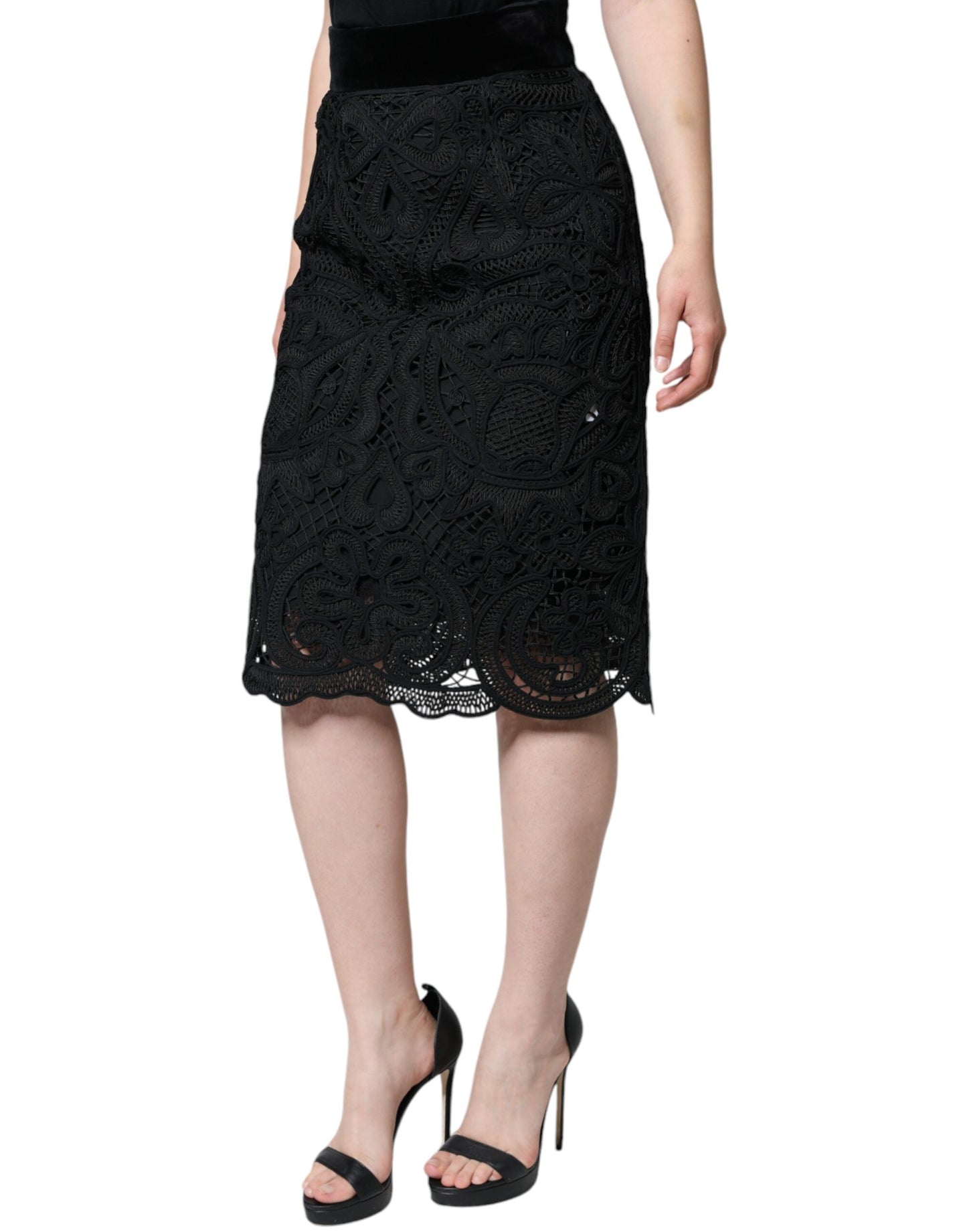 Dolce & Gabbana Black Floral Lace High Waist Pencil Cut Skirt