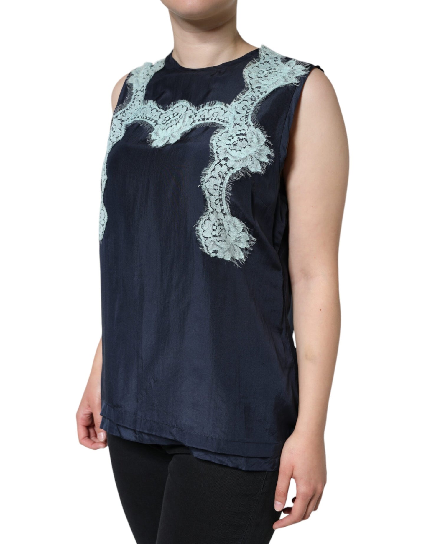 Dolce & Gabbana Blue Floral Lace Silk Sleeveless Tank Top