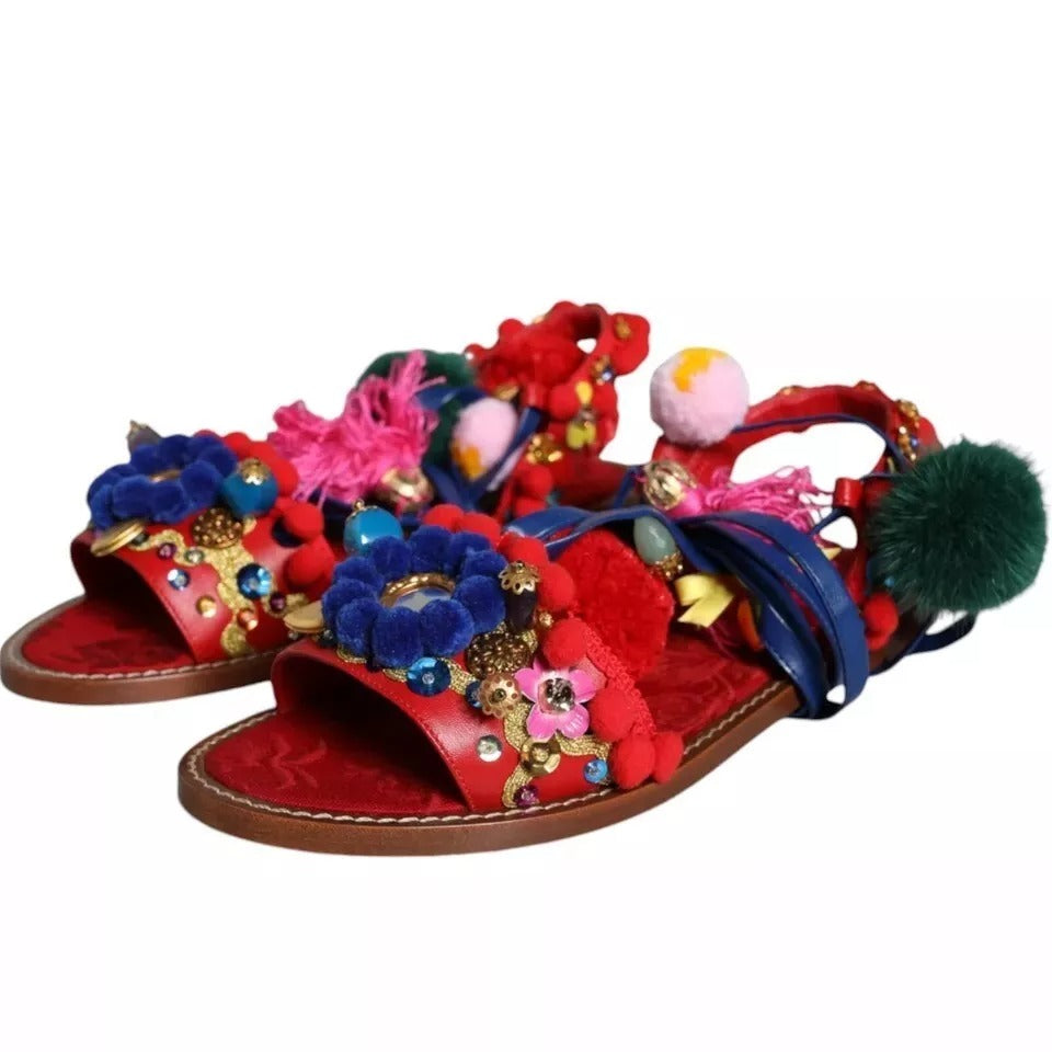 Dolce & Gabbana Multicolor Pom Pom Fur Wrap Sandals Shoes