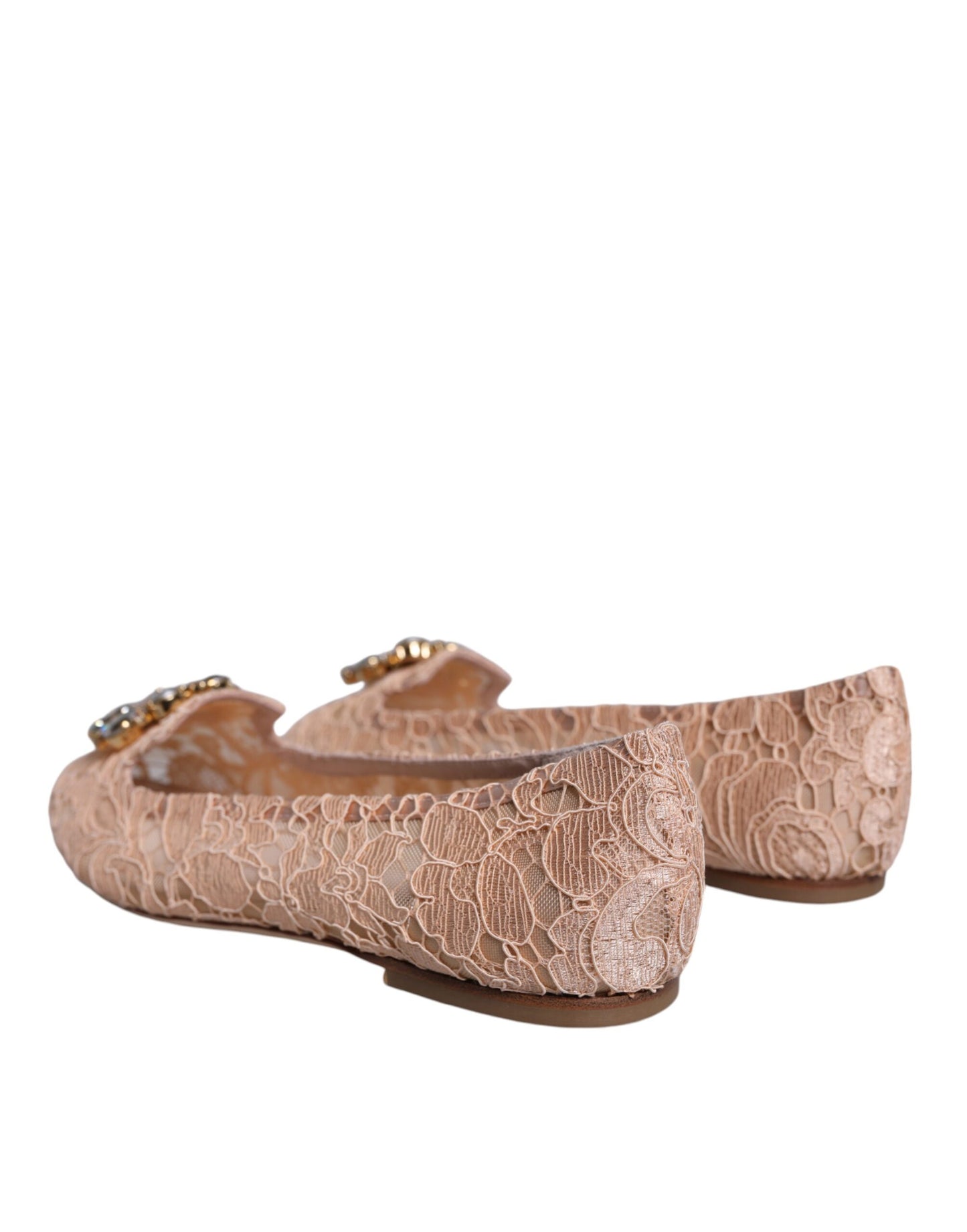 Dolce & Gabbana Beige Lace Crystal Ballet Flats Loafers Shoes