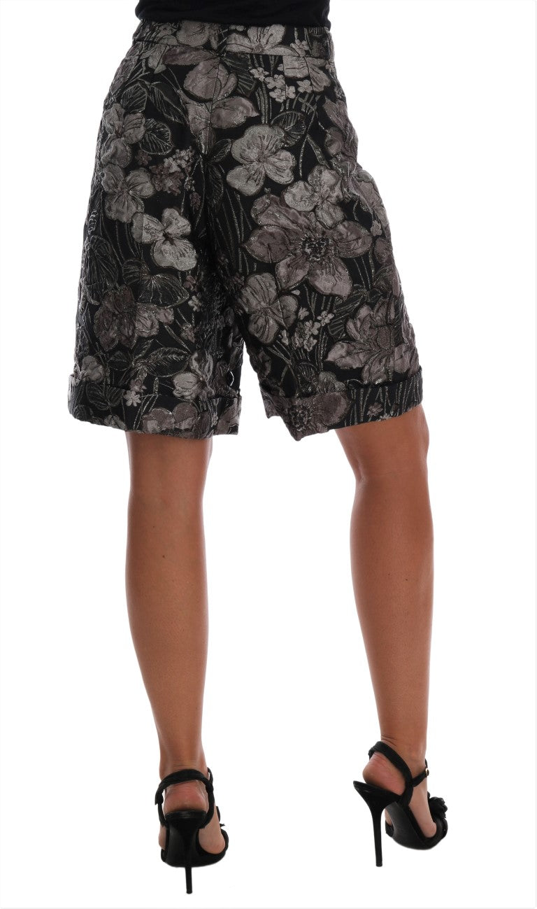 Dolce &amp; Gabbana Graue Brokat-Shorts mit Blumenmuster und hoher Taille