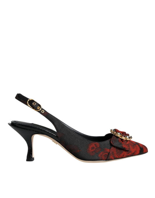 Dolce & Gabbana Black Red Floral Crystal Heel Slingback Shoes