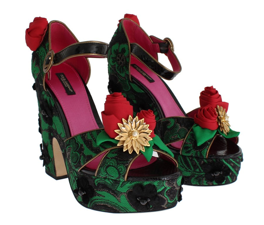 Dolce &amp; Gabbana Chaussures en cristal de roses en peau de serpent en brocart vert