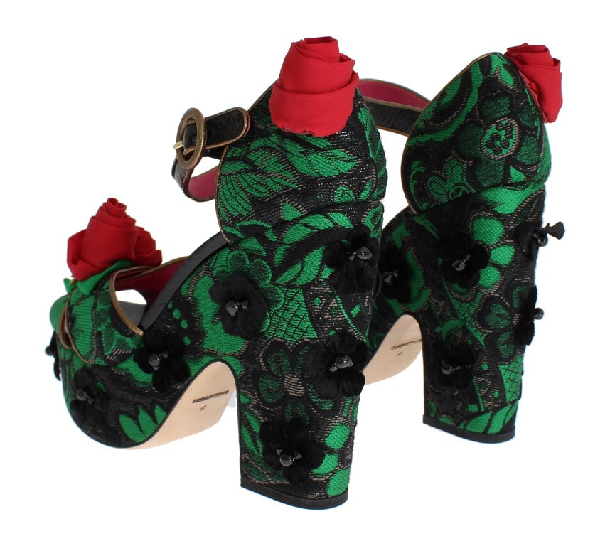 Dolce &amp; Gabbana Chaussures en cristal de roses en peau de serpent en brocart vert