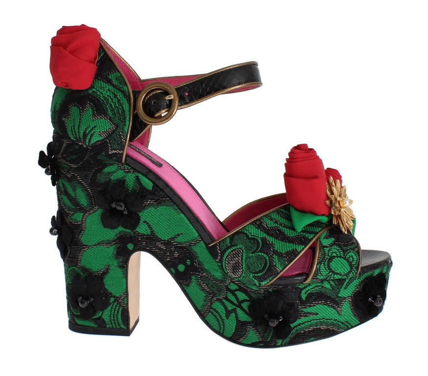 Dolce &amp; Gabbana Grüne Brokat-Schlangenleder-Rosen-Kristallschuhe