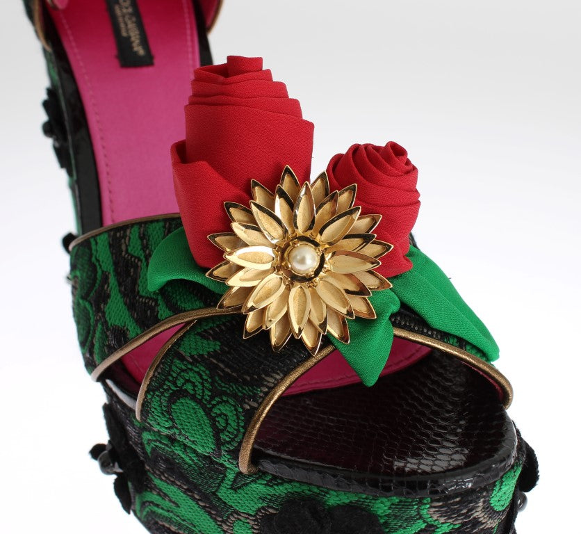 Dolce &amp; Gabbana Chaussures en cristal de roses en peau de serpent en brocart vert