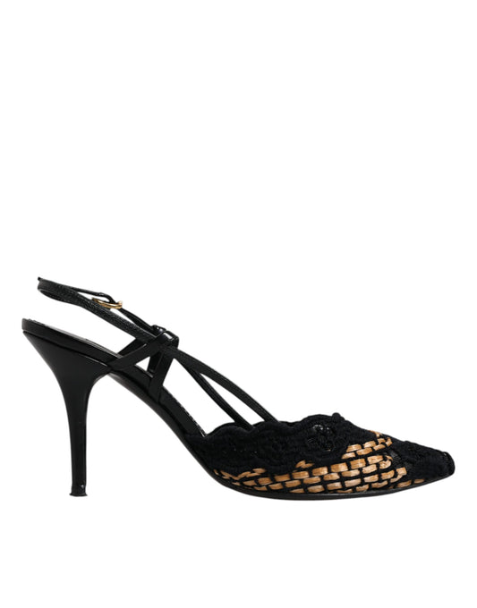 Dolce & Gabbana Black Brown Lace High Heels Slingback Shoes