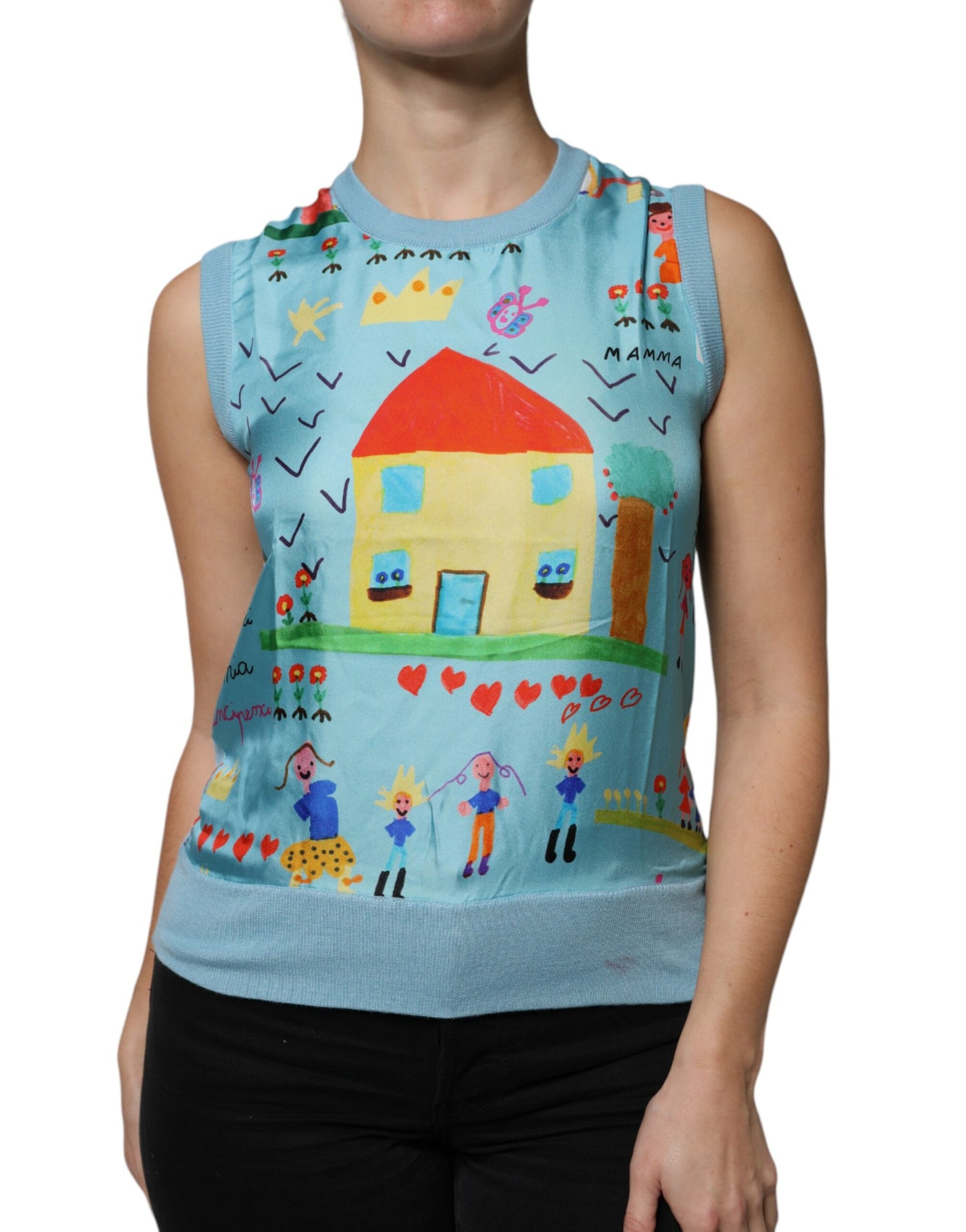 Dolce & Gabbana Blue Drawing Cashmere Sleeveless Tank Top